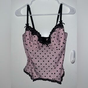 Pink Polka Dot Corset Top with Black Lace
